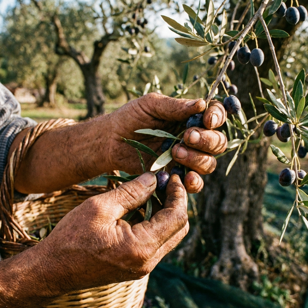 Hands harvesting olives